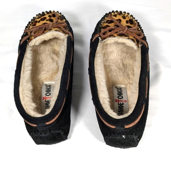 Minnetonka Leopard Print Cally Leather House Shoes Faux Fur Lined Size 5 - Picture 2 of 6